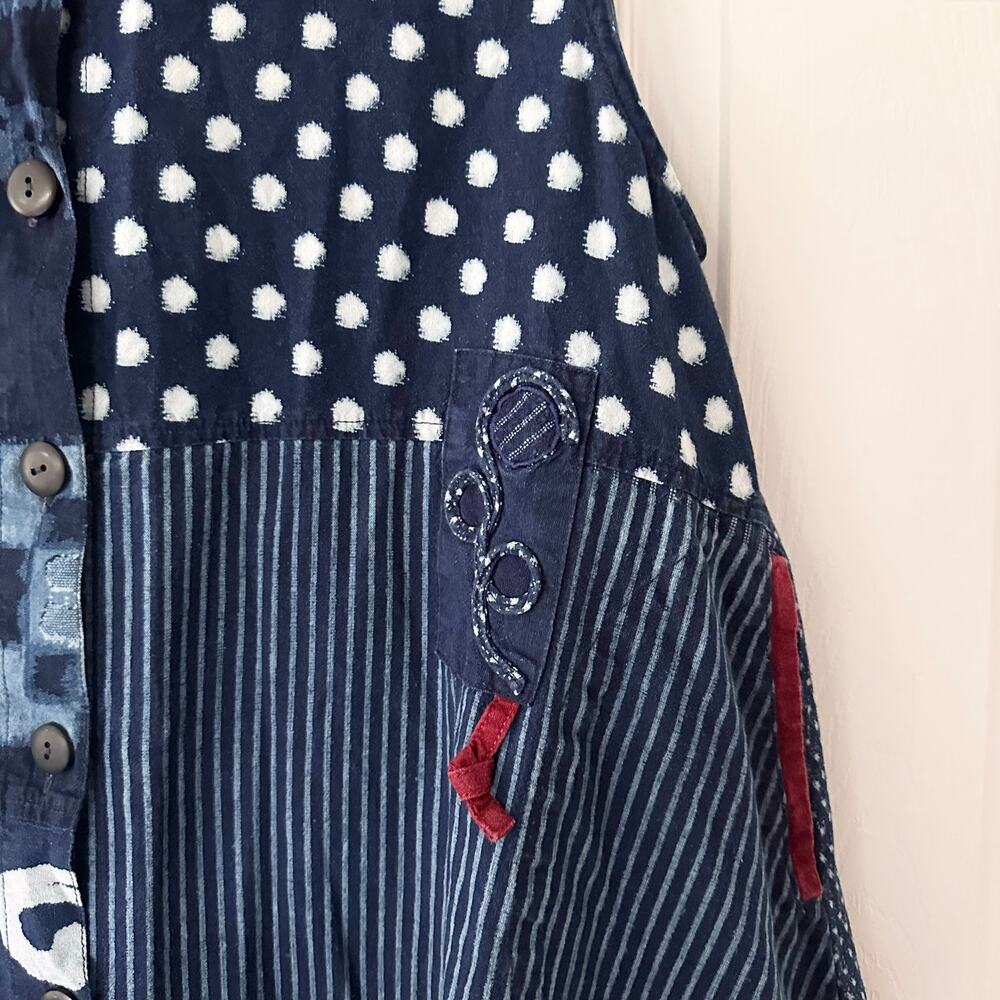 Mao Mom Thailand Artsy Abstract Lagenlook Blue Button Down Collared Swing Top OS - Picture 5 of 10